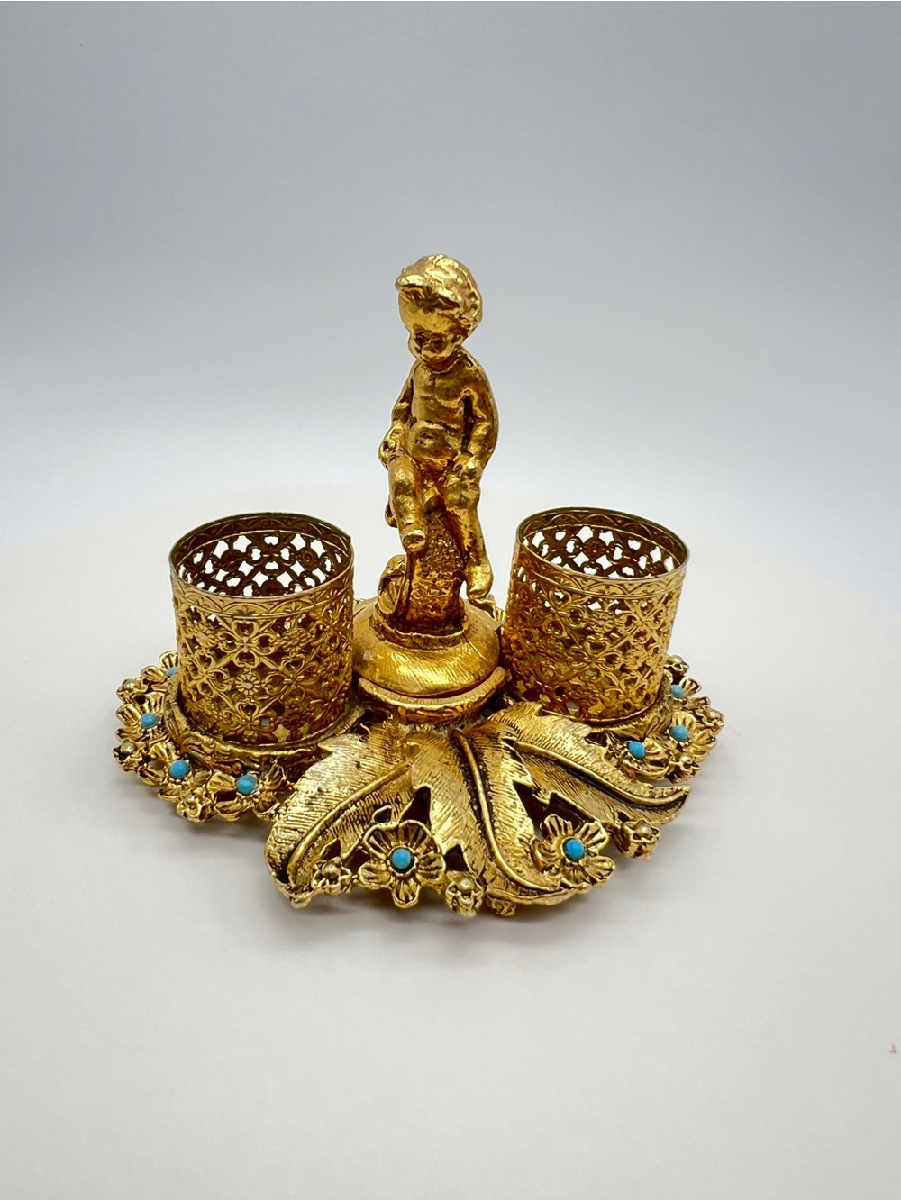 Vintage Gold-Tone Cherub Double Lipstick Holder Vanity Decor